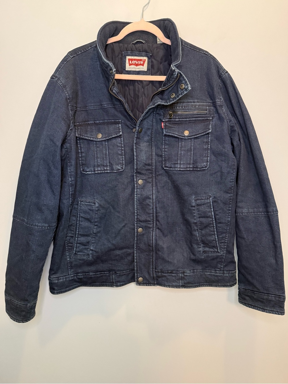Levi's Men's Quilted Lined Denim Utility Worker Jacket Dark Wash Blue Size Large
